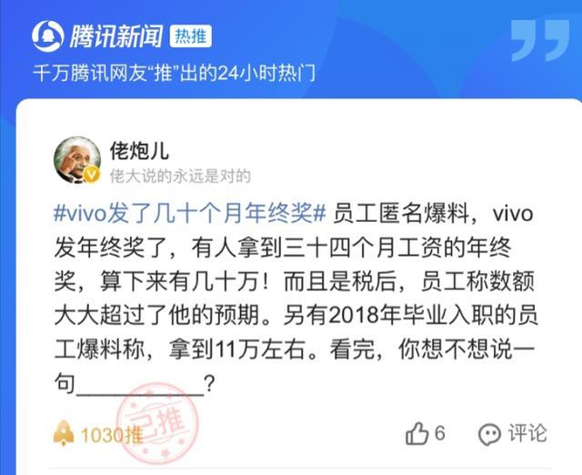 匿名员工爆料vivo发年终奖:有人税后几十万 2018年入职能拿11万 匿名员工爆料vivo发年终奖:有人税后几十万 2018年入职能拿11万