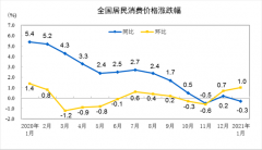 2021年1月CPI同比下降0.3%